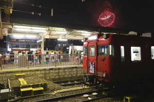花火見物をする駅ホームの乗客